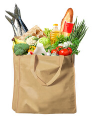 Eco-friendly reusable shopping bag filled with a variety of goods, fish, bread, vegetables, food and fruit, isolated on a transparent background