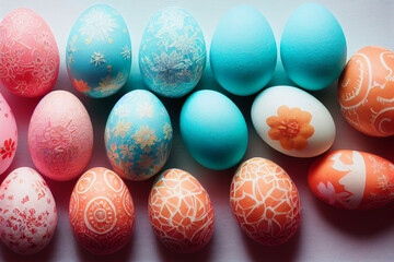 Many decorated easter eggs as background top view Generative AI Content by Midjourney