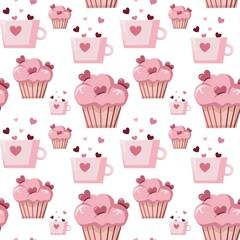 Seamless Valentine's Day pattern with hearts, pink cream cupcake and mug with hearts