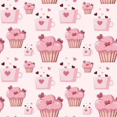 Seamless Valentine's Day pattern with hearts, mug with hearts and pink cream cupcake