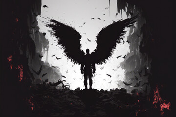 The angel Lucifer, black silhouettes of people fall with him into the black abyss. illustration painting (ai generated)