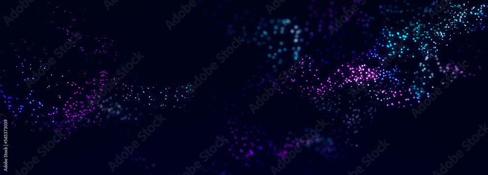 Poster confetti. lots of futuristic dots on a dark background. colored musical wave. holiday postcard. 3d r