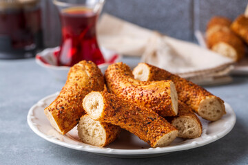 Turkish bagel and Turkish tea. Turkish name; simit and Turk cayi