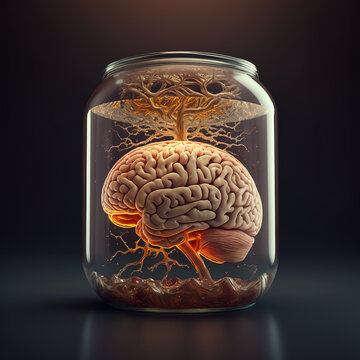 Human brain in a glass jar created with Generative AI