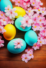 Obraz na płótnie Canvas Colorful easter eggs and branch with flowers on wooden desk Generative AI Content by Midjourney