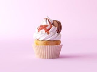 Classic vanilla cupcake with white whipped cream, poured with liquid caramel with chocolate macaroon stuck in. Isolated on a pink pastel background. Muffin in a paper cup. 3d render illustration.
