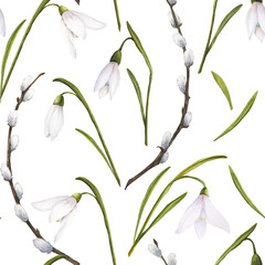 Seamless pattern with watercolor illustration of snowdrops and pussy-willow branches on white background