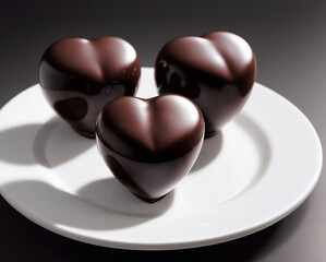 Three heart-shaped chocolates placed on a white plate. A Valentine&rsquo;s Day special romantic love illustration. Generative AI.