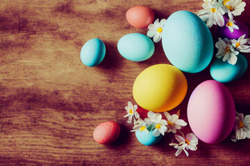 Obraz na płótnie Canvas Colorful easter eggs and branch with flowers on wooden desk Generative AI Content by Midjourney