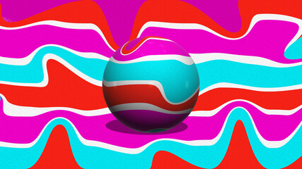 reflective 3d sphere illustration with magenta, dark red and light blue textured abstract background