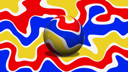 reflective 3d sphere illustration with yellow, blue and red textured abstract background