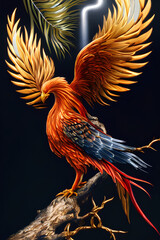 Obraz premium image made by AI An image of a phoenix perched on a metallic branch, with a metallic stream flowing beneath it realistic 8k 4k