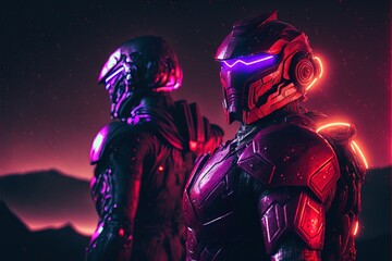 Fototapeta premium Two futuristic cyborgs with pink armor on a moon with blur and bokeh stars background. flare blur. Generative AI