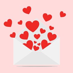 open envelope, rain of red hearts coming out decorative for happy valentines day, love, romance, pink background