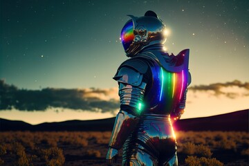 Shiny armor astronaut suit wearing knight on the abandoned planet. Astronaut. Generative AI