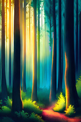 image made by AI An image of an enchanted forest, with huge trees and magical lights, conveying a sense of fantasy and enchantment.