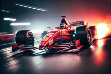 Photo sur Plexiglas F1 Red F1 racing car speeding around the track, surrounded by vibrant neon lights, perfect for Graphics, Banners and website. - Generative AI