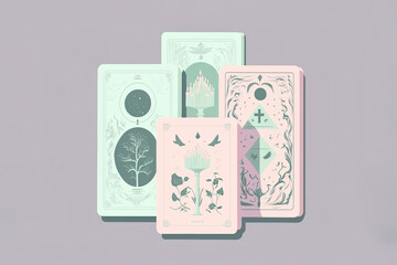 Minimalistic illustration of Tarot playing cards in pastel colors palette. Flat design. Generative AI Illustration