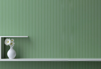 sfondo minimalista di muro con carta da parati a strisce verde salvia con piccola mensola bianca  creato con intelligenza artificiale © garpinina
