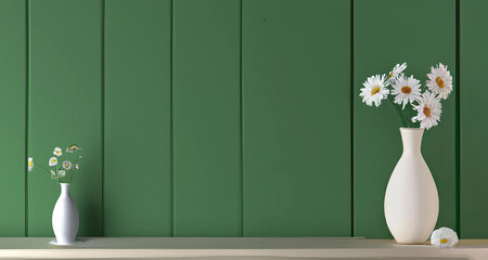 sfondo minimalista di muro con carta da parati a strisce verde salvia  con mensola con vaso di margherite bianco creato con intelligenza artificiale © garpinina