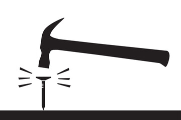 Hammering nail with hammer into plank. Construction and repair. Working tools, instruments. Hardware black silhouette isolated on white background. Monochrome flat style design.