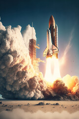 Space rocket taking off from the earth. Realistic illustration. Generative AI Illustration