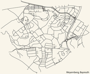 Detailed navigation black lines urban street roads map of the MEYERNBERG DISTRICT of the German town of BAYREUTH, Germany on vintage beige background