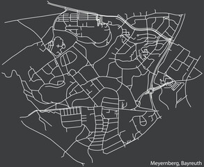 Detailed negative navigation white lines urban street roads map of the MEYERNBERG DISTRICT of the German town of BAYREUTH, Germany on dark gray background