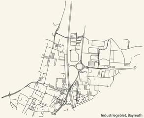 Detailed navigation black lines urban street roads map of the INDUSTRIEGEBIET DISTRICT of the German town of BAYREUTH, Germany on vintage beige background