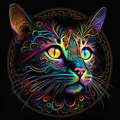 Bright neon style mandala cat head illustration on black background. Generated by AI