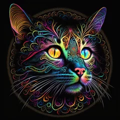 Fotobehang Mandala Bright neon style mandala cat head illustration on black background. Generated by AI