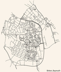 Detailed navigation black lines urban street roads map of the BIRKEN DISTRICT of the German town of BAYREUTH, Germany on vintage beige background