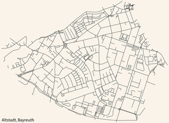 Detailed navigation black lines urban street roads map of the ALTSTADT DISTRICT of the German town of BAYREUTH, Germany on vintage beige background