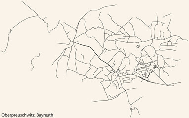 Obraz premium Detailed navigation black lines urban street roads map of the OBERPREUSCHWITZ DISTRICT of the German town of BAYREUTH, Germany on vintage beige background