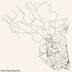 Detailed navigation black lines urban street roads map of the GARTENSTADT DISTRICT of the German town of BAYREUTH, Germany on vintage beige background