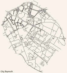 Detailed navigation black lines urban street roads map of the CITY DISTRICT of the German town of BAYREUTH, Germany on vintage beige background