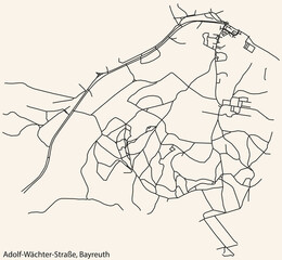 Detailed navigation black lines urban street roads map of the ADOLF-WÄCHTER-STRASSE DISTRICT of the German town of BAYREUTH, Germany on vintage beige background
