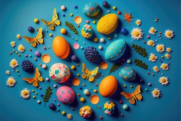 Fototapeta na wymiar Easter eggs poster background for greeting celebrated in easter day. Generative AI