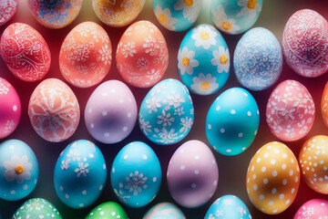Fototapeta premium Many decorated easter eggs as background top view Generative AI Content by Midjourney