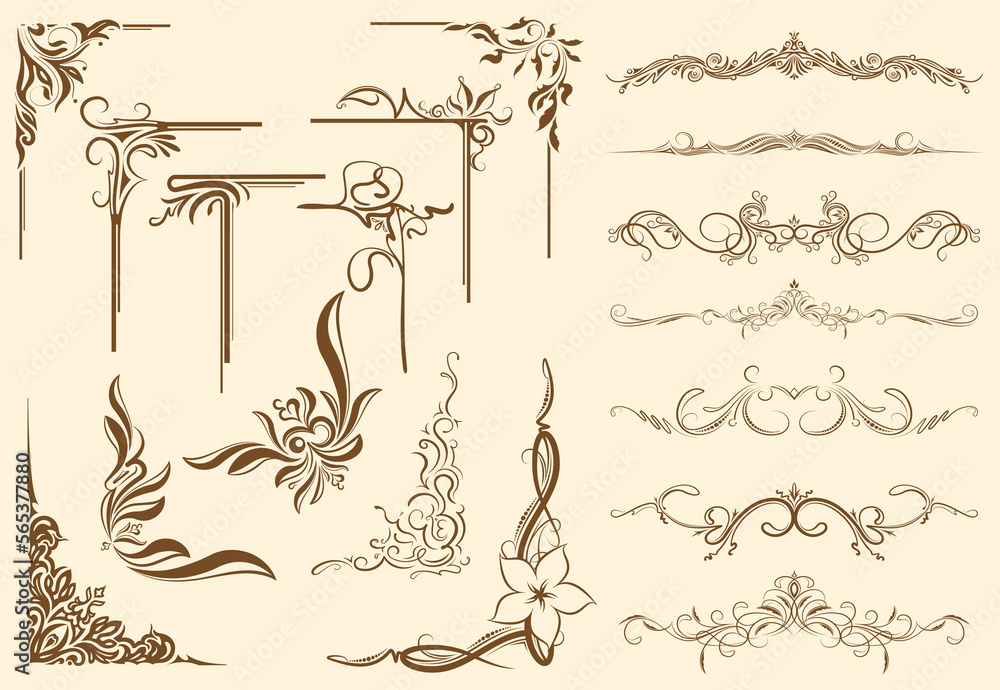 Poster big set of vector corners and dividers for text. collection of elegant decorative elements.