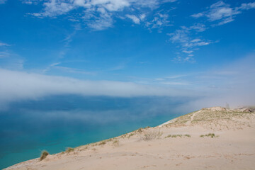Beautiful turquoise teal view of Lake Michigan from the edge of a sand dune (Landscape)