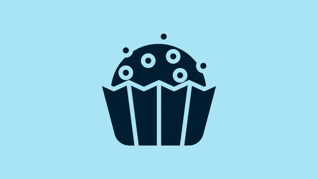 Blue Cupcake icon isolated on blue background. 4K Video motion graphic animation