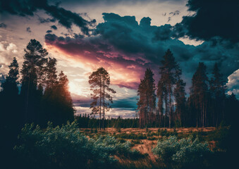 sunset in the forest created with Generative AI technology