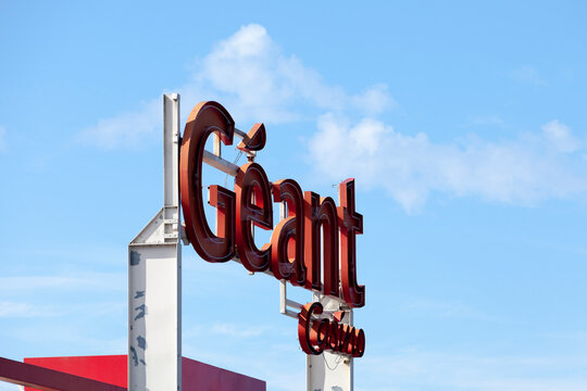 Saint-Martin-des-Champs, France - August, 24 2022: Sign of G&eacute;ant Casino, a French hypermarket chain part of the French retailing giant Groupe Casino.