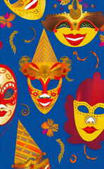 Venice carnival pattern with masks. AI-generated digital illustration.