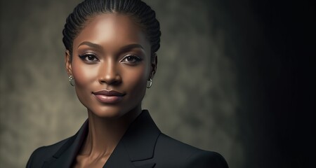 Successful smiling woman with USA flag back ground with copy space black history month celebration banner generative ai