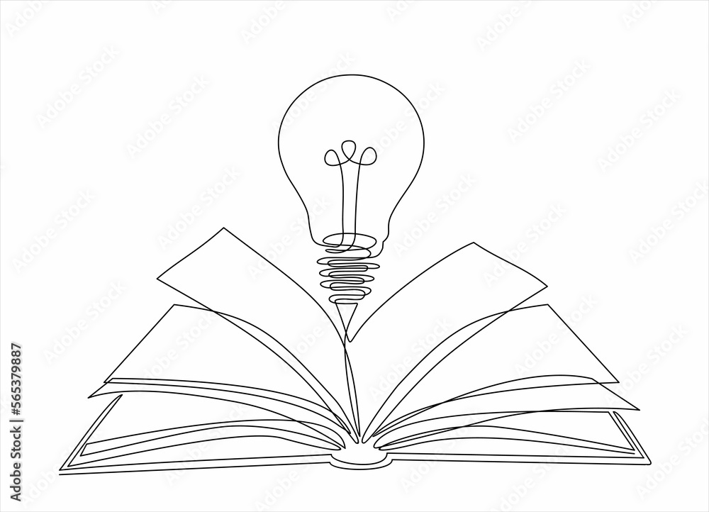 Poster one single line drawing of shining light bulb above open text book logo identity. continuous line dr