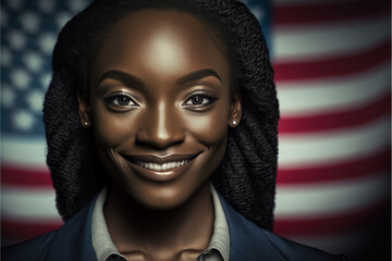 Successful smiling woman with USA flag back ground black history month celebration generative ai