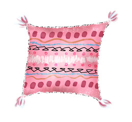 Pink pillow with trendy print in boho style for rest and relaxation. Isolated design element - PNG pattern.