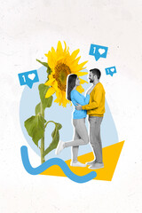Fototapeta na wymiar Vertical collage image of two positive partners black white colors cuddle big sunflower like notification ukrainian blue yellow colors